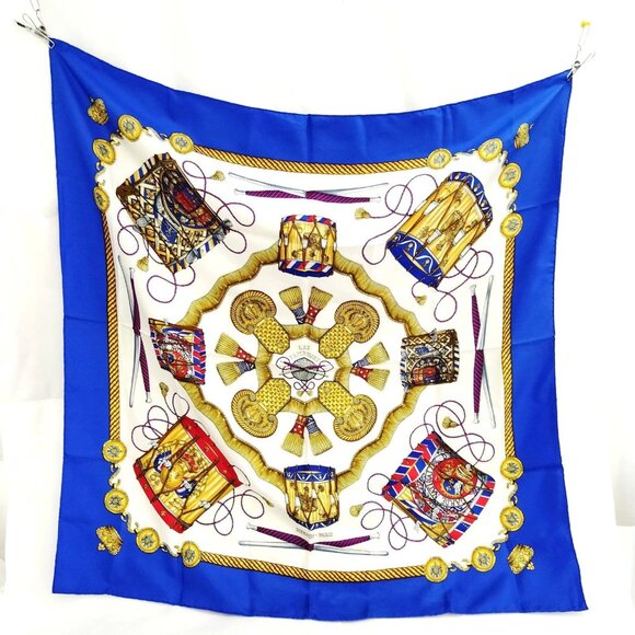 Hermes scarf Carre 90 Les Tambours Blue Silk100% 279-071525 - Picture 1 of 9